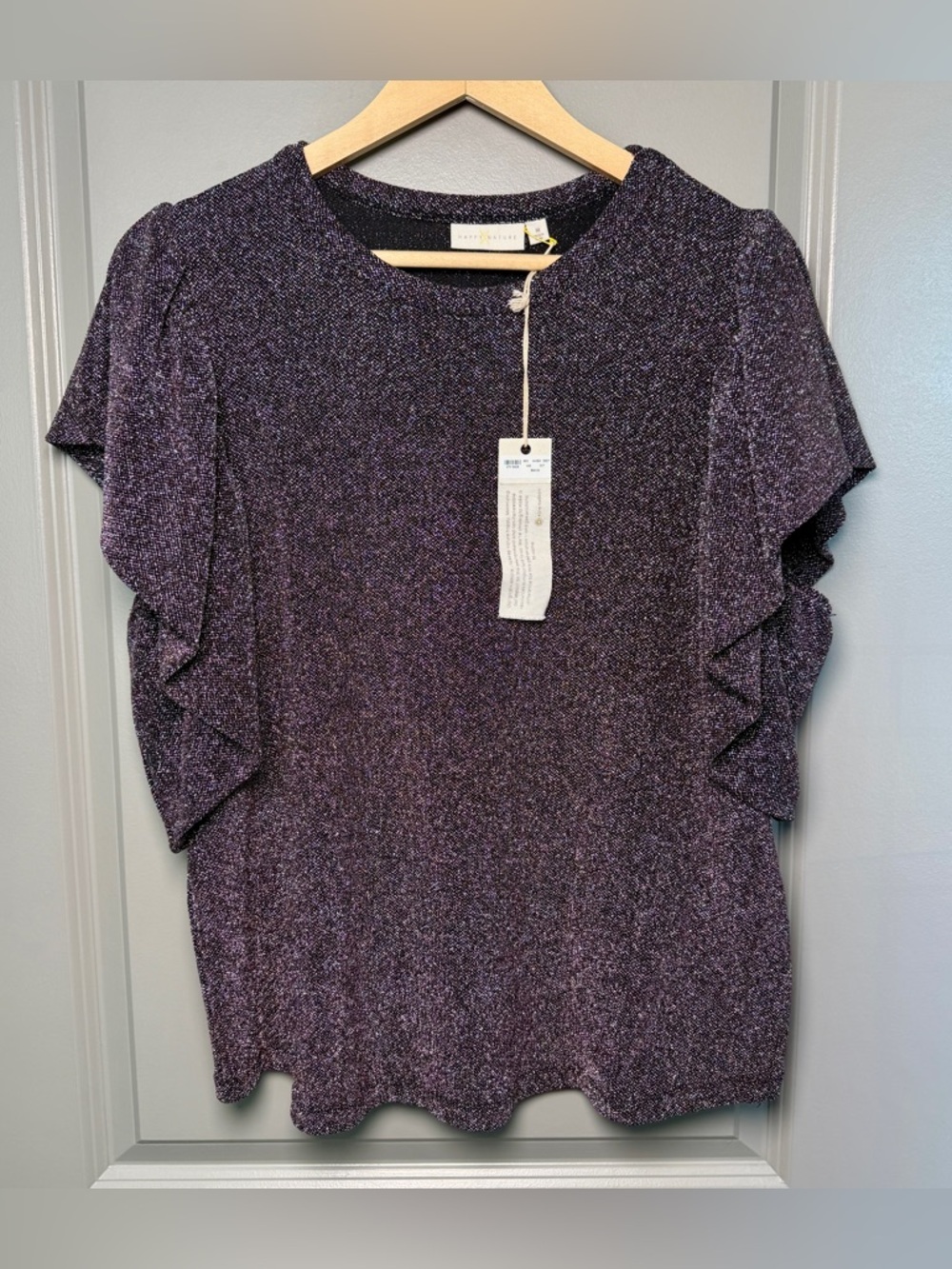NWT Happy x Nature Black Pink Metallic Shimmer Flutter Sleeve Top Batwing Knit M